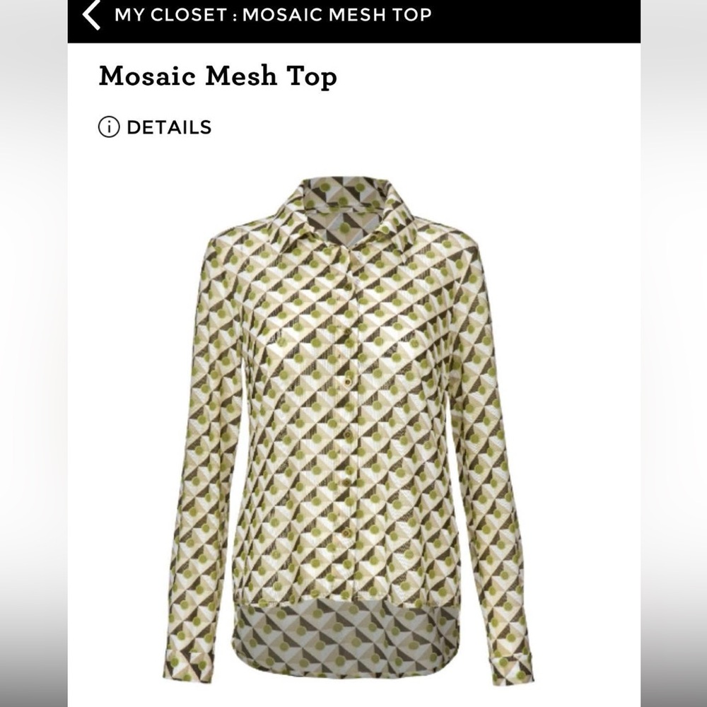 CAbi Mosaic Mesh Button-Down Top in Olive Green and Cream